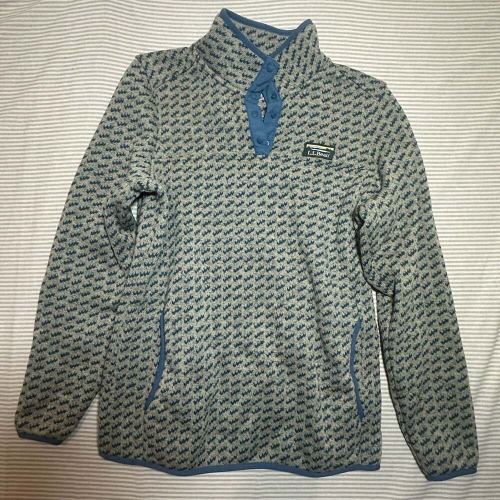 LL Bean Sweater Fleece Pullover M Reg Blue Print